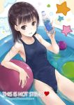  1girl :d ball beachball black_eyes black_hair bottle competition_swimsuit english fujita_hidetoshi highleg highleg_swimsuit one-piece_swimsuit open_mouth original pocari_sweat short_hair smile swimsuit wading_pool 