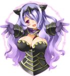  armor breasts camilla_(fire_emblem_if) cleavage fire_emblem fire_emblem_if hair_over_one_eye long_hair momosemocha outstretched_arms purple_hair violet_eyes 