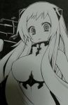  1girl airfield_hime black_background blush breasts bust horns kantai_collection large_breasts long_hair looking_at_viewer monochrome nikubanare open_mouth outline shinkaisei-kan signature solo traditional_media turret very_long_hair 