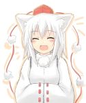  1girl :d ^_^ animal_ears closed_eyes hands_in_sleeves hat inubashiri_momiji lowres open_mouth pom_pom_(clothes) ribbon-trimmed_sleeves ribbon_trim s_katsuo shirt short_hair smile tokin_hat touhou white_background white_hair wide_sleeves wolf_ears 