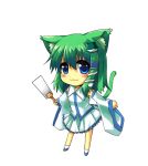  animal_ears blue_eyes blush cat_ears cat_tail chibi detached_sleeves frog gohei green_hair hair_ornament kemonomimi_mode kochiya_sanae short_hair simple_background snake tail toichi touhou 