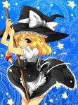  between_breasts between_legs blonde_hair braid breasts broom buttons fang hat kirisame_marisa large_breasts looking_at_viewer magic_circle short_hair smile solo toichi touhou wink witch_hat yellow_eyes 