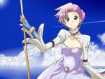  aria code_geass cosplay euphemia_li_britannia euphemia_li_britannia_(cosplay) fingerless_gloves gloves green_eyes highres mari_tomo mizunashi_akari pink_hair pole sky smile solo water 