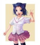  bad_id blue_eyes blue_hair cat_ears fangs highres ikeda_kana saki school_uniform shacchi short_hair thighhighs 