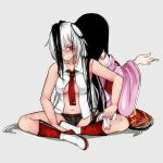  2girls alternate_costume aoshima back-to-back bare_arms bare_shoulders between_breasts black_hair blush boots breasts collarbone commentary_request fujiwara_no_mokou hair_over_face hair_over_one_eye highres houraisan_kaguya indian_style long_hair long_sleeves midriff multiple_girls navel necktie necktie_between_breasts no_bra off_shoulder open_clothes open_shirt red_eyes revealing_clothes short_shorts shorts silver_hair sitting skirt sleeveless sleeveless_shirt touhou under_boob very_long_hair wide_sleeves 