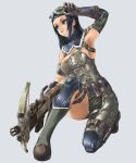  black_hair blue_eyes elbow_gloves gloves goggles highres kneeling leather monster_hunter simple_background solo weapon 