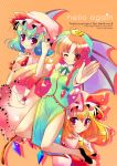 bat_wings blonde_hair blue_hair blush braid china_dress chinese_clothes clenched_hand cover cover_page flandre_scarlet gradient_hair green_hair hat hong_meiling long_hair multicolored_hair outstretched_arm polka_dot polka_dot_background ponytail red_eyes red_hair remilia_scarlet shiwasu_horio short_hair side_ponytail side_slit smile touhou twin_braids wings wink wrist_cuffs 