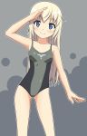  1girl blonde_hair blue_eyes female helma_lennartz highres long_hair one-piece_swimsuit salute smile solo strike_witches swimsuit 