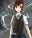  brown_eyes brown_hair electricity misaka_mikoto samika39 school_uniform short_hair smile sweater_vest to_aru_majutsu_no_index wind 