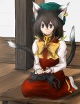  bow brown_eyes brown_hair cat cat_ears cat_tail chen earrings fingernails hat jewelry multiple_tails nails short_hair tail touhou yana_(nekoarashi) 