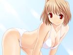  arcueid_brunestud bent_over bikini breasts brown_hair cleavage katatsuka_kouji red_eyes short_hair smile swimsuit tsukihime 