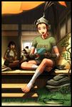  capcom casual don_(street_fighter) feet highres ibuki legs makoto nintendo_ds omar_dogan playing_games raccoon shorts signature street_fighter tanuki toeless_socks 