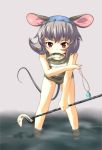  fish grey_hair highres jewelry kehukoete leaning_forward mouse_ears mouse_tail mouth_hold nazrin one-piece_swimsuit pendant red_eyes school_swimsuit short_hair solo swim_cap swimcap swimsuit symbol-shaped_pupils tail touhou wading water 