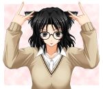  1girl :p \n/ amagami animal_ears black_eyes black_hair cat_ears glasses keito school_uniform short_hair solo tanamachi_kaoru tongue 