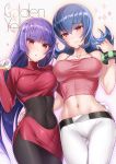  2girls asymmetrical_docking bangs bare_arms bare_shoulders belt black_legwear blue_hair blunt_bangs blush bracelet breast_press breasts camisole cleavage closed_mouth collarbone commentary_request covered_navel cowboy_shot crotch_seam dual_persona eyebrows_visible_through_hair gloves gluteal_fold hair_between_eyes halftone halftone_background hand_on_another&#039;s_hip head_tilt highres hizuki_akira jewelry legs_together long_hair long_sleeves looking_at_viewer medium_breasts multiple_girls natsume_(pokemon) navel no_panties pantyhose parted_lips pink_skirt pokemon pokemon_(game) pokemon_frlg pokemon_hgss purple_hair red_eyes shiny shiny_skin shirt skin_tight skirt sleeveless smile spaghetti_strap standing stomach taut_clothes taut_shirt thigh_gap tsurime very_long_hair white_gloves 