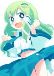  blush green_hair highres kochiya_sanae midriff mizu_asato open_mouth skirt skirt_lift smile touhou 