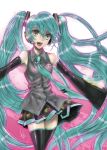  :d aqua_eyes aqua_hair bad_id detached_sleeves glowing hatsune_miku kaguyuzu long_hair necktie open_mouth outstretched_arms pleated_skirt skirt smile solo spread_arms thighhighs twintails very_long_hair vocaloid zettai_ryouiki 