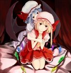  aoki_shin bat_wings blonde_hair blue_hair blush colored flandre_scarlet hug kneeling multiple_girls red_eyes remilia_scarlet siblings sisters smile takanashie touhou wings 