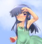  blue_hair blush child dress furude_rika higurashi_no_naku_koro_ni long_hair purple_eyes ribbon sweat violet_eyes wine 
