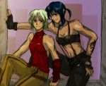  428 alphard androgynous bare_shoulders black_hair blonde_hair canaan canaan_(character) fingerless_gloves flat_chest gloves midriff multiple_girls muscle ponytail reverse_trap short_hair sleeveless sleeveless_turtleneck suspenders turtleneck white_hair 