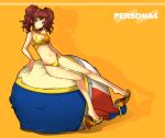  brown_hair kara_(color) kujikawa_rise kuma_(persona_4) legs persona persona_4 shoe_dangle sitting sitting_on_face sitting_on_person swimsuit twintails 