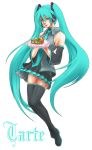  aqua_eyes aqua_hair cake detached_sleeves food hatsune_miku headset legs long_hair necktie pastry plate simple_background skirt solo thigh-highs thighhighs twintails very_long_hair vocaloid xilla zettai_ryouiki 