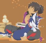  barefoot black_hair blush bottle brown_background cup dog fish food green_eyes josephine-843 male ponytail raven repede solo tales_of_(series) tales_of_vesperia 