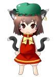  barefoot blush_stickers brown_eyes brown_hair cat_ears cat_tail chen chibi earrings fang hat jewelry multiple_tails short_hair solo tail touhou yana_(nekoarashi) 