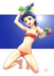  :d armpits bandeau barefoot bikini character_request dual_wielding feet flat_chest foreshortening groin_tendon gunparade_orchestra kneeling lens_flare mcq navel open_mouth purple_hair short_hair signature skindentation smile solo string_bikini sun swimsuit tubetop water_gun 