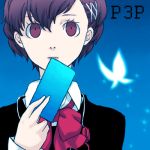  bow brown_hair butterfly card card_in_mouth female_protagonist_(persona_3) hair_ornament hairclip headphones holding holding_card lowres mouth_hold persona persona_3 persona_3_portable red_eyes ribbon rinrin_(ahoryahorya) rinrin_(pixiv) school_uniform short_hair solo 