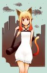  bare_shoulders blonde_hair cat_ears cat_tail dress gradient_hair h_(158cm) multicolored_hair original payot red_eyes red_hair redhead solo tail 