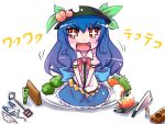 :d blue_hair chibi girl_on_a_plate hat hinanawi_tenshi masochism mayuge_inu open_mouth plate red_eyes skirt smile solo touhou