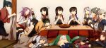  akagi_(kantai_collection) alcohol bangs black_hair blanket blunt_bangs blush bottle breast_rest breasts brown_eyes brown_hair cat chitose_(kantai_collection) chiyoda_(kantai_collection) closed_eyes eating food fruit grin hair_ribbon hand_on_head headband highres hiryuu_(kantai_collection) hiyou_(kantai_collection) houshou_(kantai_collection) japanese_clothes jun&#039;you_(kantai_collection) kaga_(kantai_collection) kantai_collection kotatsu kyouya_(mukuro238) long_hair lying multiple_girls muneate neckerchief on_stomach open_mouth orange personification ponytail ribbon ryuujou_(kantai_collection) short_hair short_sleeves shouhou_(kantai_collection) shoukaku_(kantai_collection) side_ponytail silver_hair sitting sleeping smile souryuu_(kantai_collection) table thighhighs twintails wink zuihou_(kantai_collection) zuikaku_(kantai_collection) 