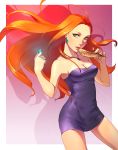  breasts cleavage dress earrings ghost_sweeper_mikami jewelry long_hair mikami_reiko mouth_hold null_(chronix) null_(pixiv180777) ofuda orange_hair pendant solo tube_dress 