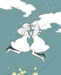  aqua_background barefoot cloud clouds fish floating hand_holding holding_hands monochrome multiple_girls sketch spot_color star tamiko yuri 