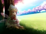  1girl blonde_hair blue_eyes cherry_blossoms fairy_wings hat ketsushi lily_white solo touhou tree_shade wings 