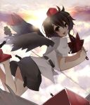  black_wings brown_hair geta hat kimeemaru kirisame_marisa kousou open_mouth shameimaru_aya short_hair silhouette skirt sky smile solo tengu-geta tokin_hat touhou wings yukkuri_shiteitte_ne 