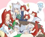  &gt;_&lt; animal_ears biting blue_eyes blush braid chinadress dog_ears dog_tail ebz fang heart hong_meiling if_they_mated izayoi_sakuya kemonomimi_mode long_hair neko_majin red_hair redhead short_hair silver_hair sleeping tail touhou twin_braids very_long_hair white_hair 