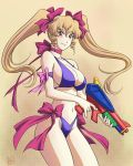  bikini blonde_hair blush bow breasts brown_eyes brown_hair cleavage drill_hair gun gunparade_orchestra hair_ribbon kozeki_satomi mcq navel original ribbon solo swimsuit twintails water_gun weapon 