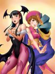  2girls amagi_yukiko bare_shoulders bat_wings black_eyes black_hair blush breasts brown_eyes brown_hair cleavage cleavage_cutout cosplay elbow_gloves geung_si gloves hairband hat head_wings headwings jiangshi jorogumo lei_lei lei_lei_(cosplay) long_hair morrigan_aensland morrigan_aensland_(cosplay) pantyhose parody persona persona_4 satonaka_chie short_hair smile vampire_(game) wings 