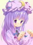  1girl amaa_(chou_dennou_jidai) bad_id crescent hair_ribbon hands hat long_hair patchouli_knowledge paw_pose purple_eyes purple_hair ribbon solo touhou violet_eyes 