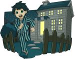 fence green_eyes house momonoki mother_(game) mother_2 ness night nintendo pajamas running 
