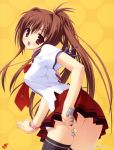  bra-ban! brown_hair cellphone highres kobuichi nakanoshima_tae necktie phone ponytail red_eyes school_uniform tareme taut_shirt thighhighs 