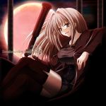  boots breasts brown_eyes brown_hair crossed_legs glasses gothic grin hammer large_breasts long_hair moon pantyhose red_moon rosenkreuzstilette rosenkreuzstilette_freudenstachel schirach_fuhler sitting smile solo thigh_boots thighhighs trenchcoat weapon womi zettai_ryouiki 
