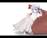  blue_hair couch dress hat highres letterboxed red_eyes remilia_scarlet rexlent solo touhou wings 