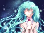  aqua_hair bad_id closed_eyes floating_hair hatsune_miku kayu long_hair necktie smile solo space sweater_vest twintails very_long_hair vocaloid 