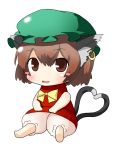  barefoot brown_eyes brown_hair cat_ears cat_tail chen chibi earrings fang hat heart heart_tail jewelry multiple_tails short_hair solo tail touhou yana_(nekoarashi) 