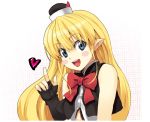  blonde_hair blue_eyes blush_stickers bow bust fingerless_gloves gloves hat heart index_finger_raised lisa_(seiken_no_blacksmith) long_hair mini_hat official_art open_mouth pointing pointing_up pointy_ears ribbon runa seiken_no_blacksmith smile solo 