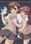  biribiri blush bow brown_eyes brown_hair coin hazuki_haru misaka_mikoto open_mouth ribbon school_uniform shirai_kuroko skirt to_aru_kagaku_no_railgun to_aru_majutsu_no_index twintails 