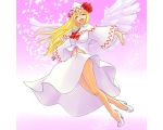  adult blonde_hair capelet closed_eyes fairy hat high_heels legs lily_white long_hair midriff navel ribbon shoes skirt skirt_lift smile solo touhou wind_lift wings 